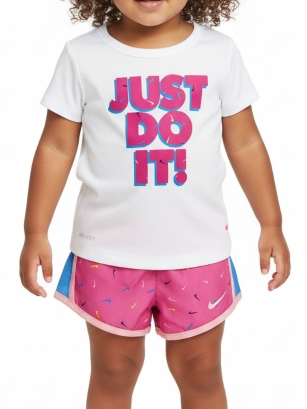 Nike Just Do It White Dri-Fit Tee with Pink & Blue Graphic Multi-Swoosh Shorts